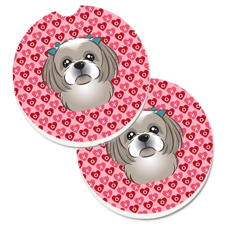Carolines Treasures Gray Silver Shih Tzu Hearts Cup Holder Car Coasters - Set of 2 BB5320CARC